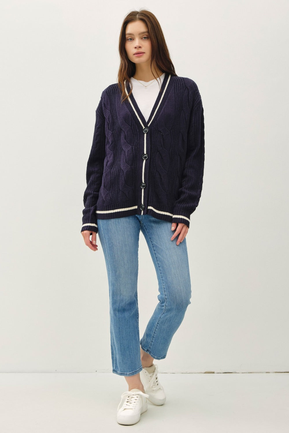 Blue Zone Planet | Be Cool Contrast Trim Cable-Knit V-Neck Cardigan-TOPS / DRESSES-[Adult]-[Female]-2022 Online Blue Zone Planet