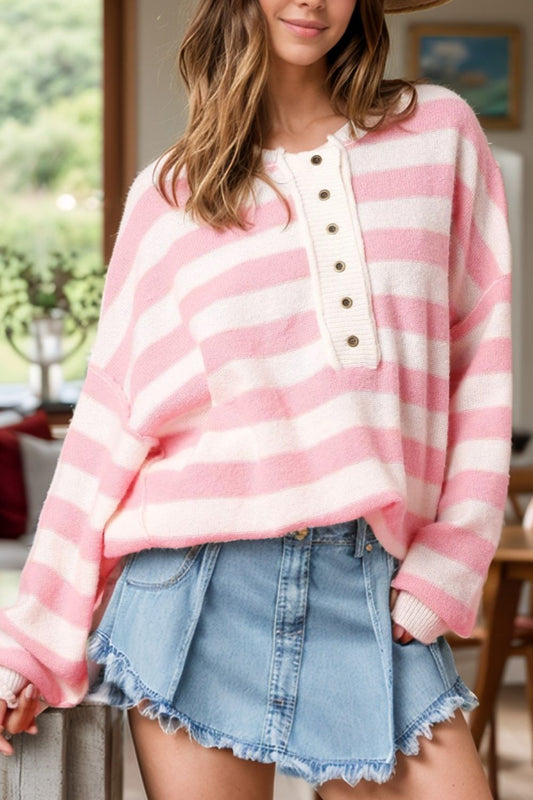 Exposed Seam Striped Round Neck Long Sleeve Sweater-TOPS / DRESSES-[Adult]-[Female]-Blush Pink-S-2022 Online Blue Zone Planet