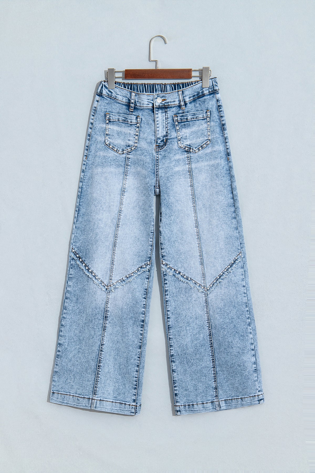Beau Blue Frayed Studded Detail Wide Leg Pocketed Jeans-Bottoms/Jeans-[Adult]-[Female]-2022 Online Blue Zone Planet