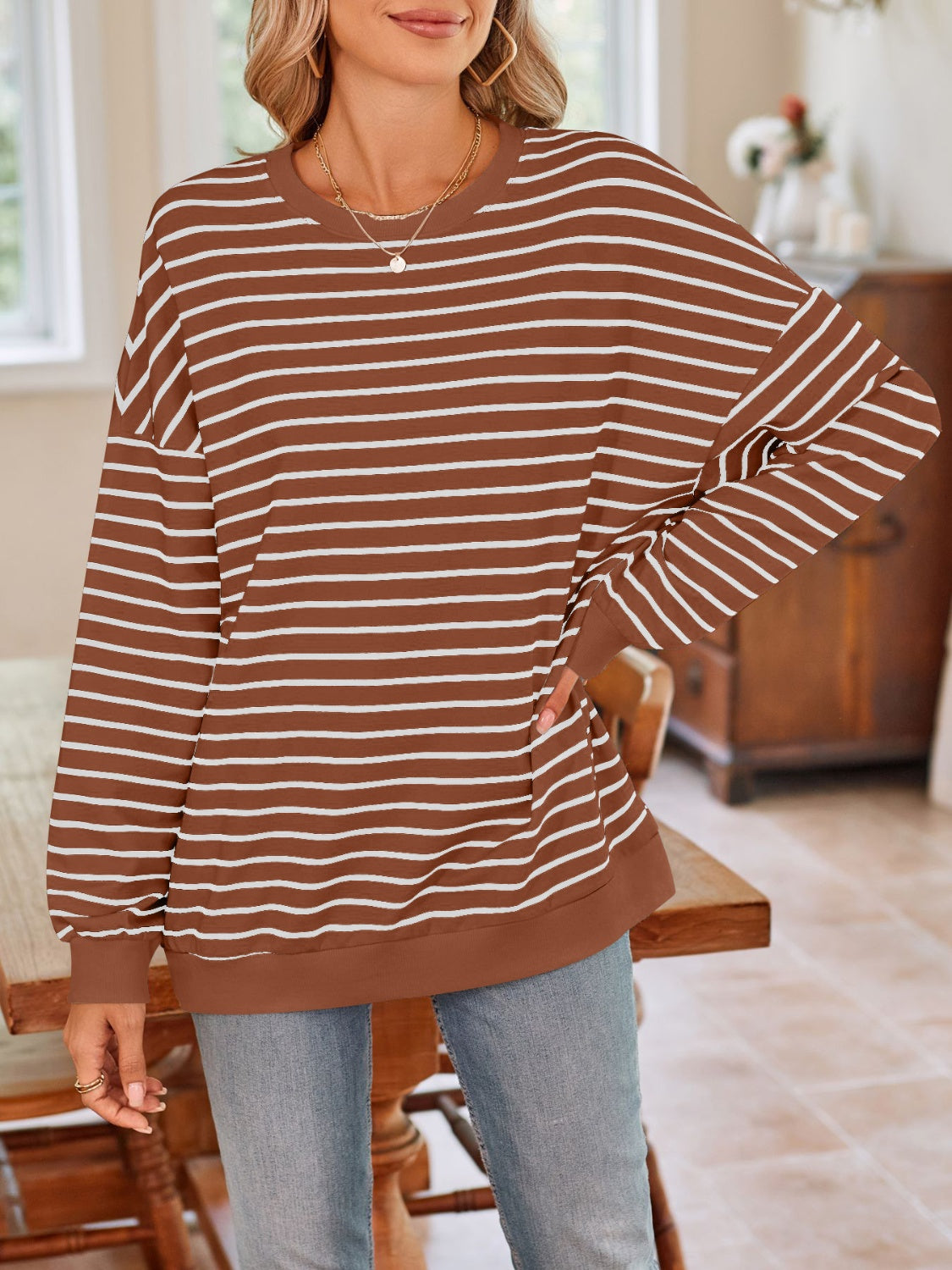 Blue Zone Planet | Lovelet Striped Round Neck Long Sleeve Sweatshirt-TOPS / DRESSES-[Adult]-[Female]-Brown-S-2022 Online Blue Zone Planet