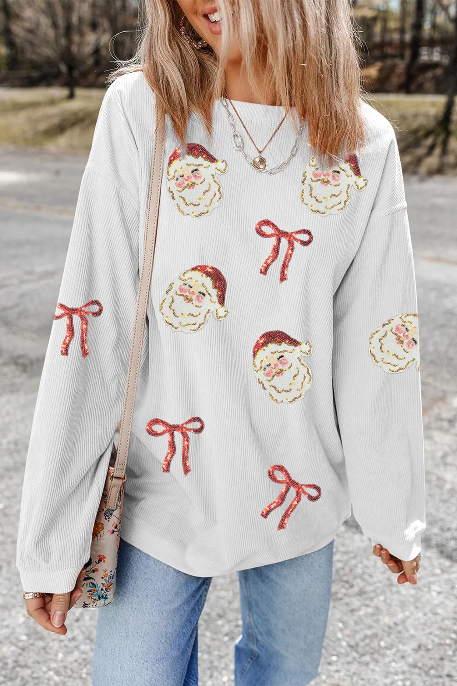 White Corded Rib Sequin Santa Bow Patched Drop Shoulder Graphic Sweatshirt-Graphic/Graphic Sweatshirts-[Adult]-[Female]-2022 Online Blue Zone Planet