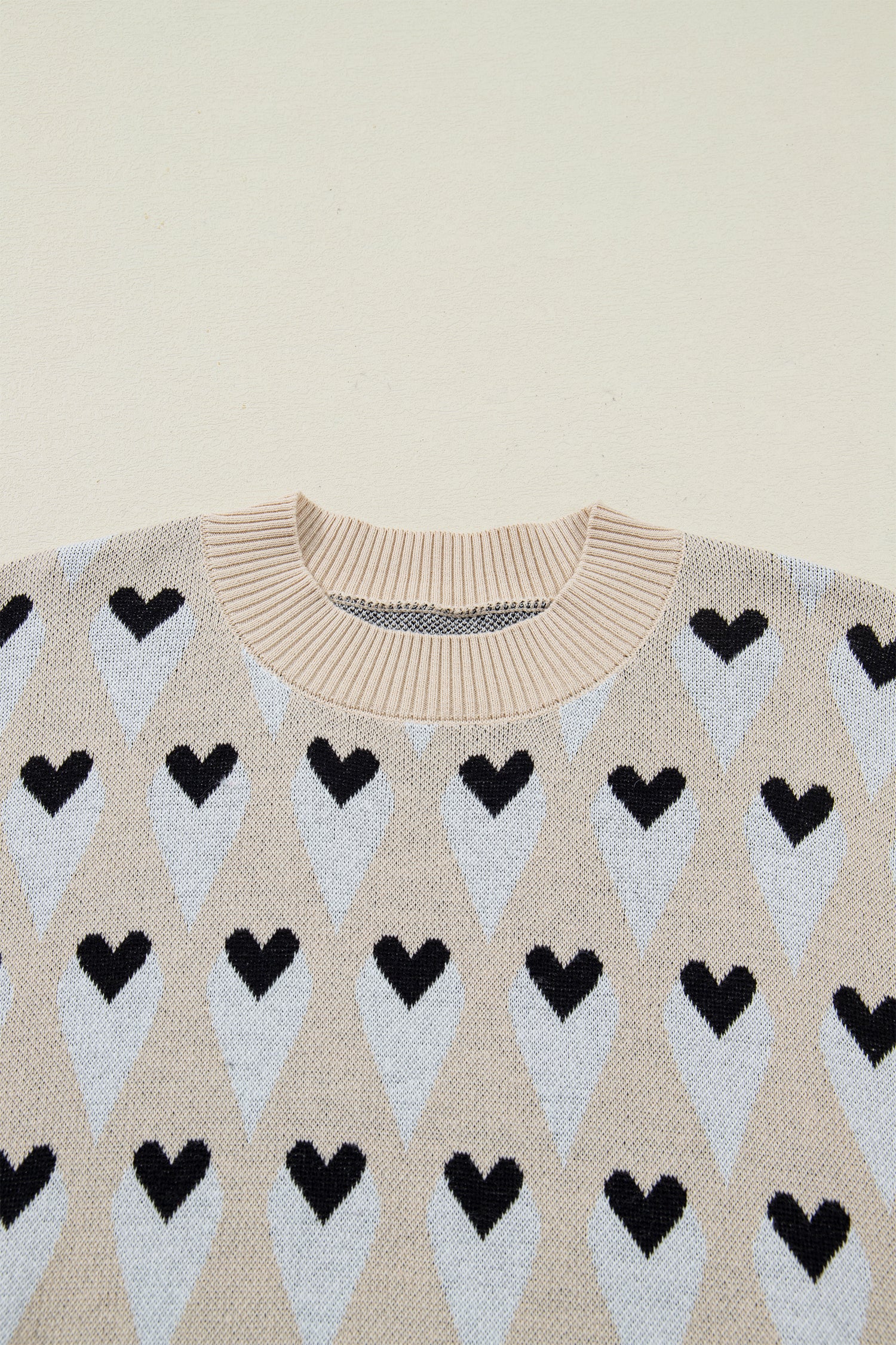 Parchment Geometric Heart Print Ribbed Trim Loose Sweater-TOPS / DRESSES-[Adult]-[Female]-2022 Online Blue Zone Planet