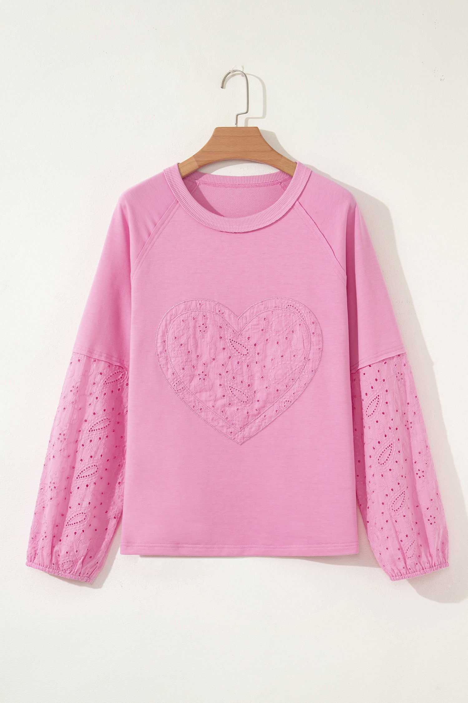 Pink Paisley Broderie Anglaise Valentine Heart Pattern Long Sleeve Patchwork Top-Tops/Long Sleeve Tops-[Adult]-[Female]-2022 Online Blue Zone Planet