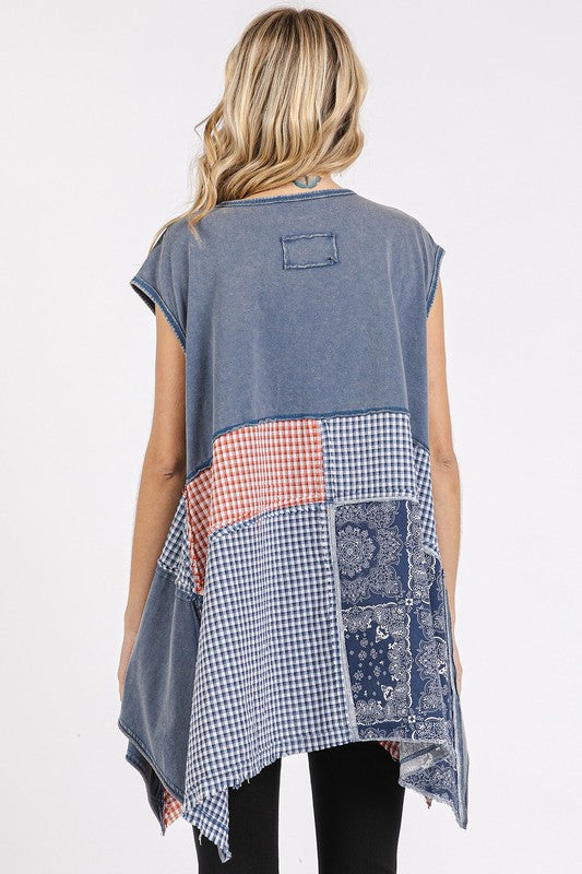 Mittoshop Patchwork Mineral Washed Round Neck Cap Sleeve Top-TOPS / DRESSES-[Adult]-[Female]-2022 Online Blue Zone Planet