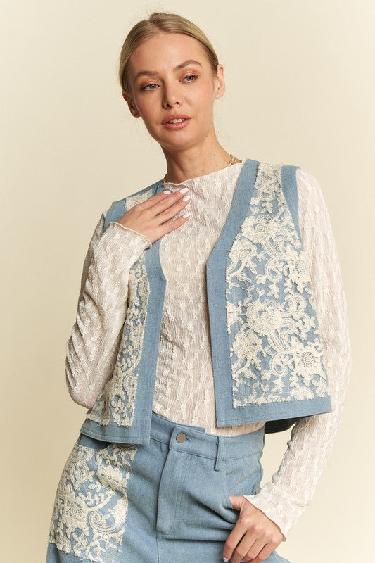 Davi & Dani Lace Patch Open Front Denim Vest-TOPS / DRESSES-[Adult]-[Female]-2022 Online Blue Zone Planet