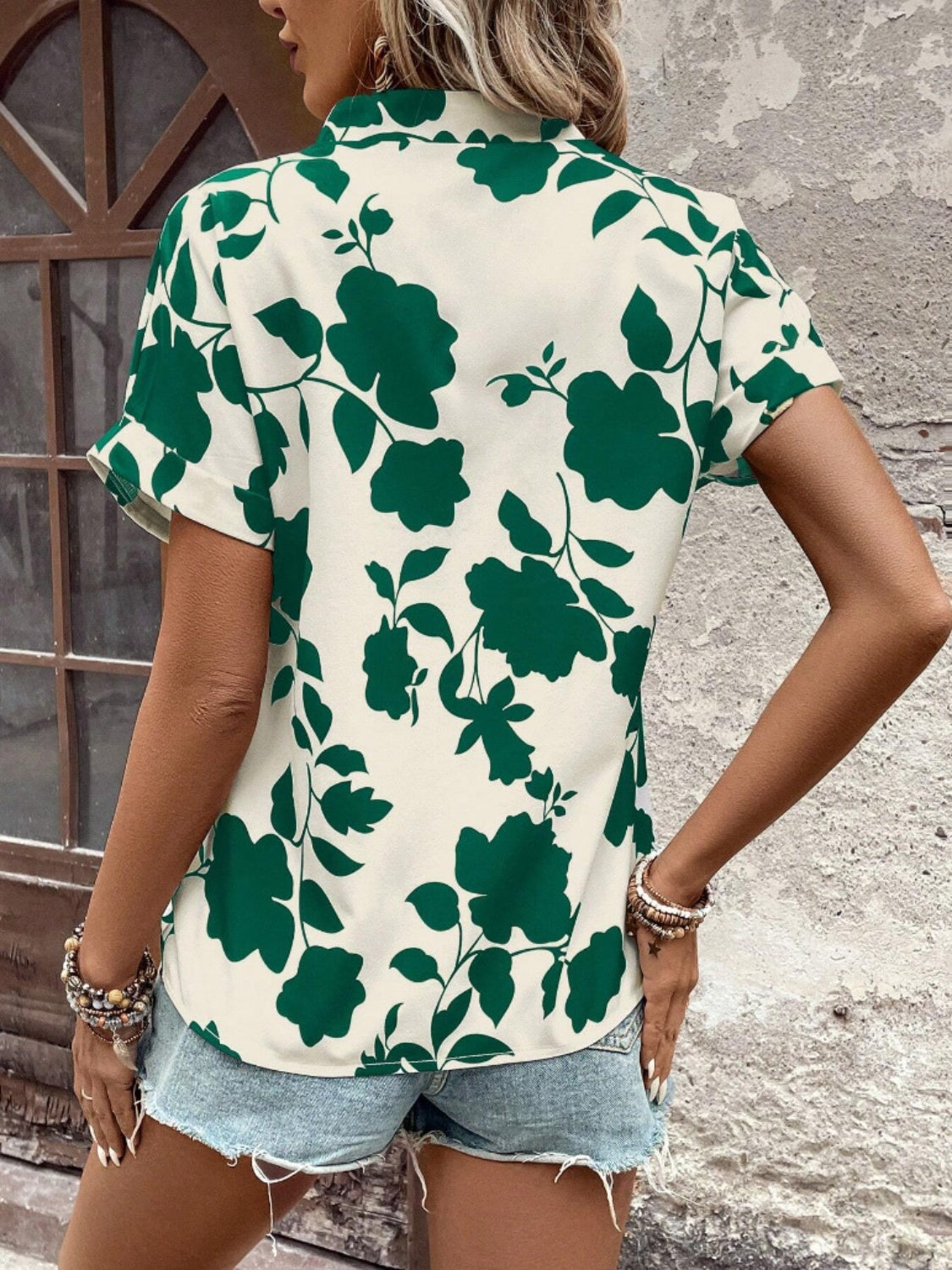 Flower Notched Short Sleeve Blouse-TOPS / DRESSES-[Adult]-[Female]-Dark Green-S-2022 Online Blue Zone Planet