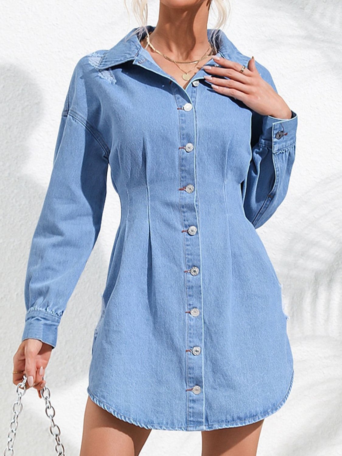 Distressed Button Up Long Sleeve Denim Dress-TOPS / DRESSES-[Adult]-[Female]-2022 Online Blue Zone Planet