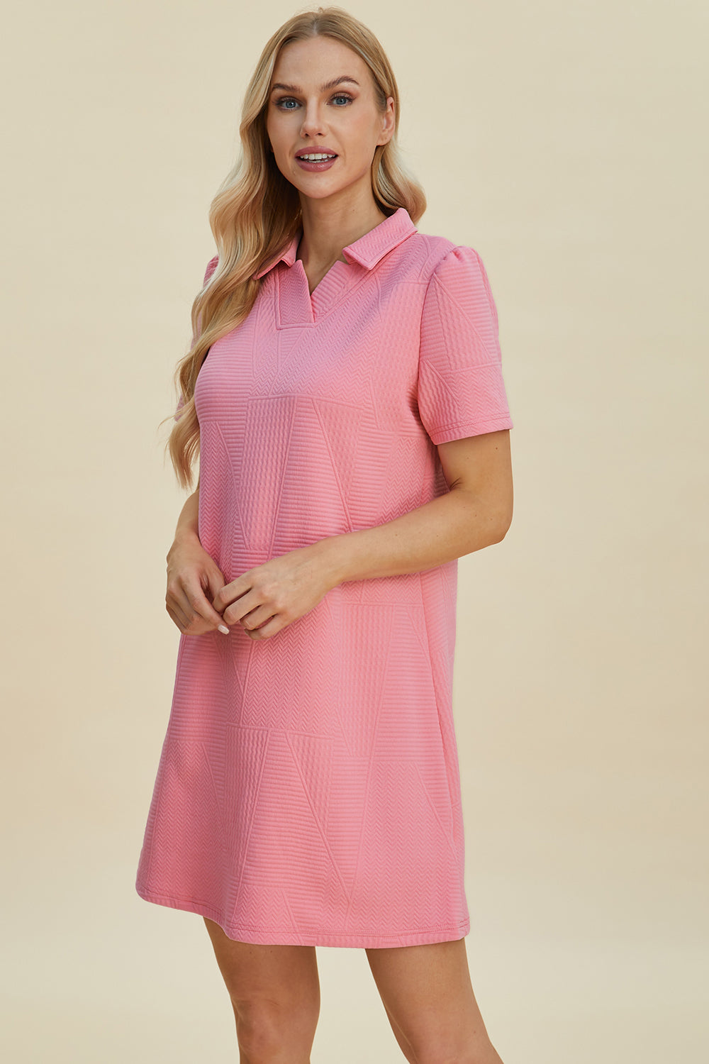 Double Take Full Size Texture Short Sleeve Dress-TOPS / DRESSES-[Adult]-[Female]-2022 Online Blue Zone Planet