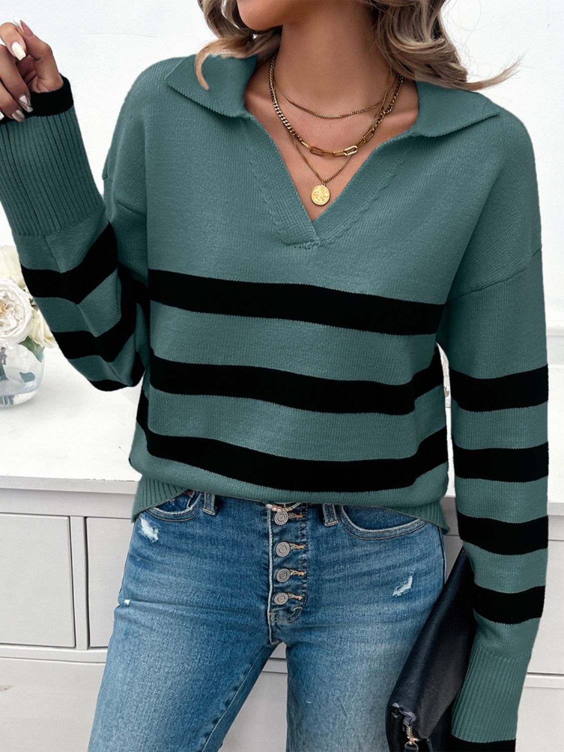 Striped Collared Neck Long Sleeve Sweater-TOPS / DRESSES-[Adult]-[Female]-2022 Online Blue Zone Planet