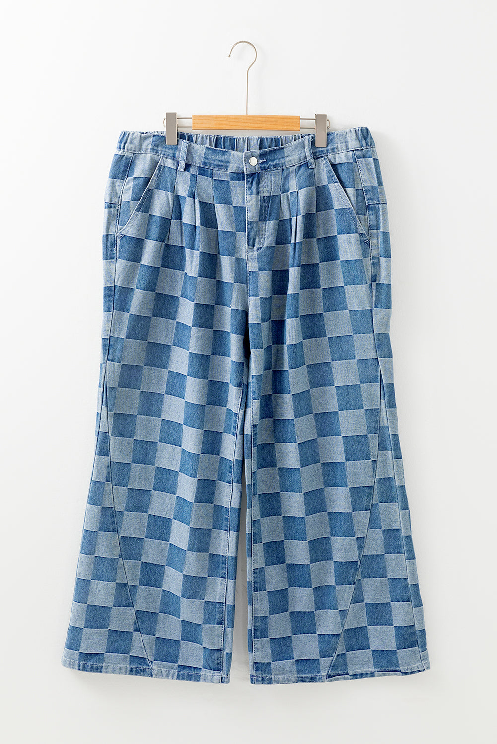 Blue Zone Planet | Dusk Blue Plus Size Checkered Seamed High Waist Wide Leg Jeans-Plus Size/Plus Size Bottoms-[Adult]-[Female]-2022 Online Blue Zone Planet