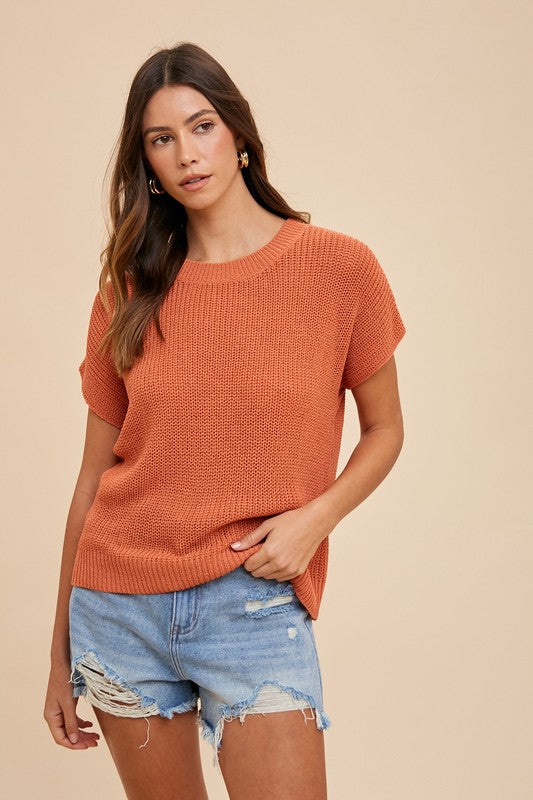 Annie Wear Round Neck Short Sleeve Sweater-TOPS / DRESSES-[Adult]-[Female]-Terracotta-S-2022 Online Blue Zone Planet