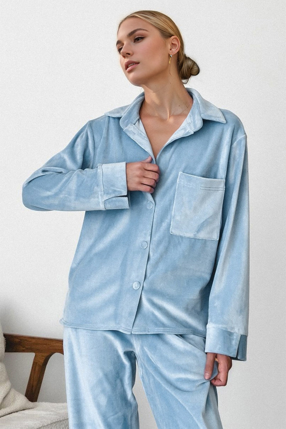 Basic Bae Buttery-Soft Collared Neck Button Up Top and Pants Set-TOPS / DRESSES-[Adult]-[Female]-Light Blue-S-2022 Online Blue Zone Planet