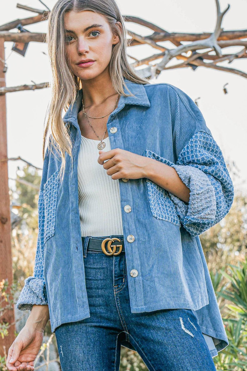 And The Why Button Down Corduroy Contrast Texture Long Sleeve Shacket-TOPS / DRESSES-[Adult]-[Female]-Blue-S-2022 Online Blue Zone Planet