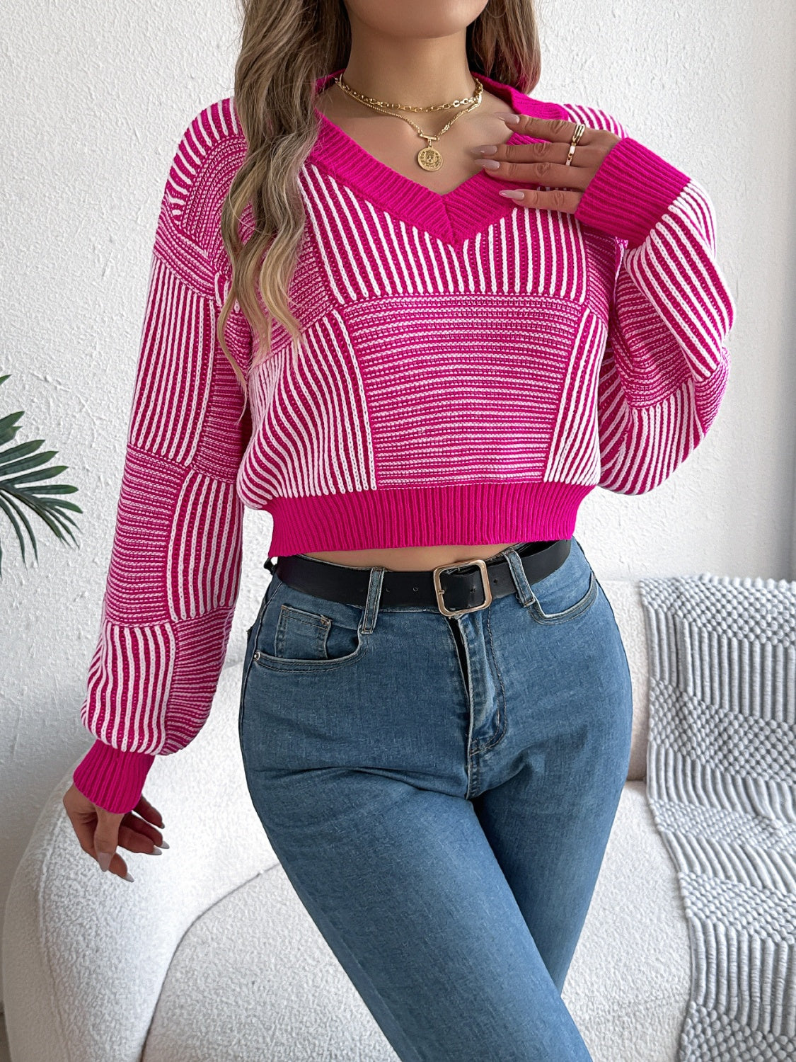 Blue Zone Planet | Striped V-Neck Long Sleeve Sweater-TOPS / DRESSES-[Adult]-[Female]-Hot Pink-S-2022 Online Blue Zone Planet