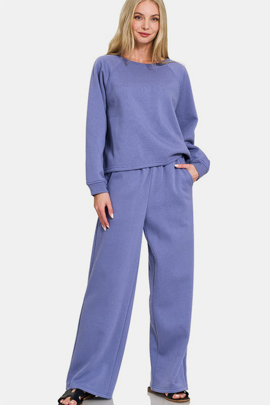 Zenana Round Neck Raglan Sleeve Top and Elastic Waist Pants Set-TOPS / DRESSES-[Adult]-[Female]-Dusty Blue-S-2022 Online Blue Zone Planet