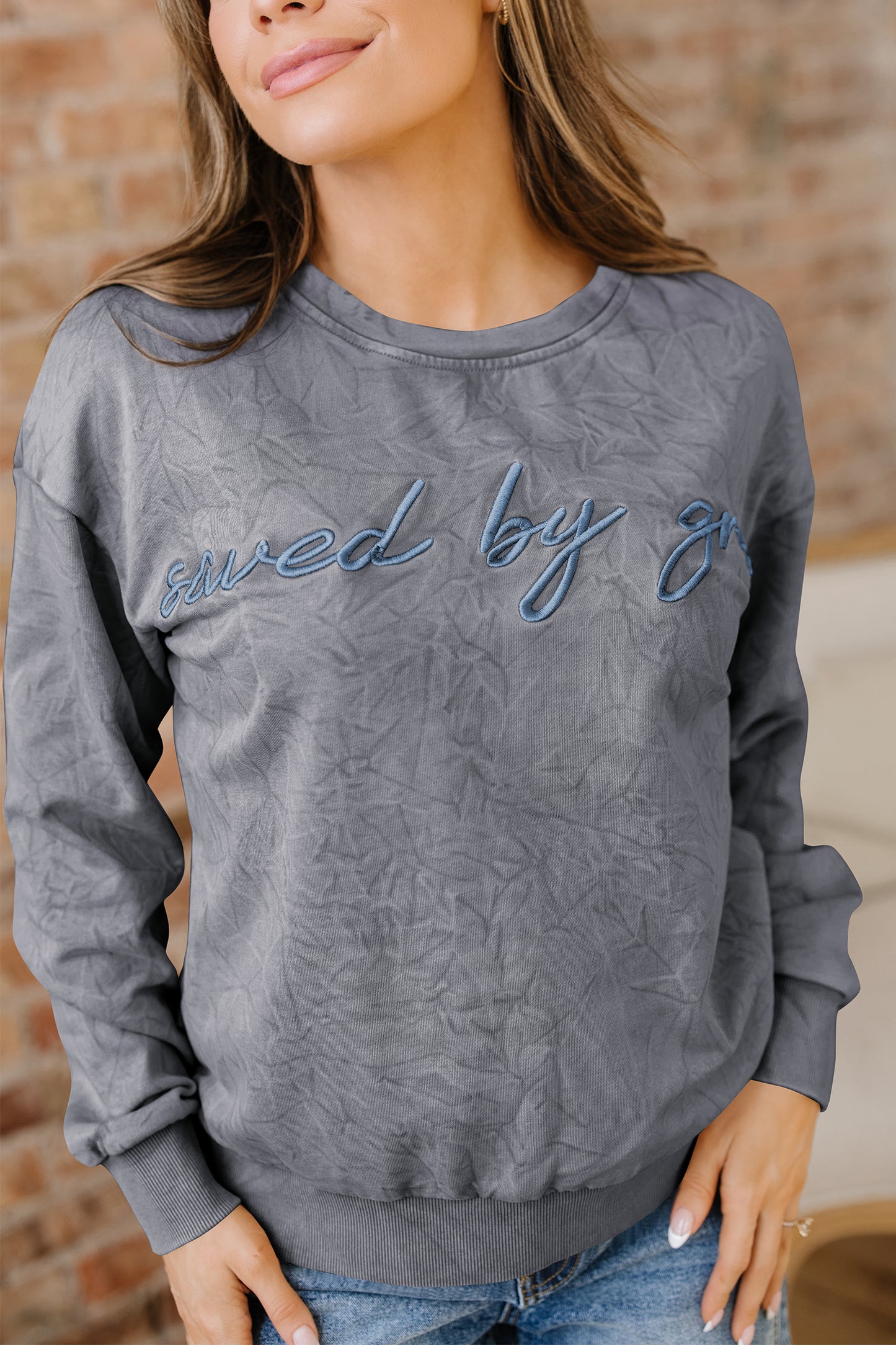 High-Rise Saved By Grace Letter Embroidery Mineral Wash Loose Sweatshirt-Tops/Sweatshirts & Hoodies-[Adult]-[Female]-2022 Online Blue Zone Planet