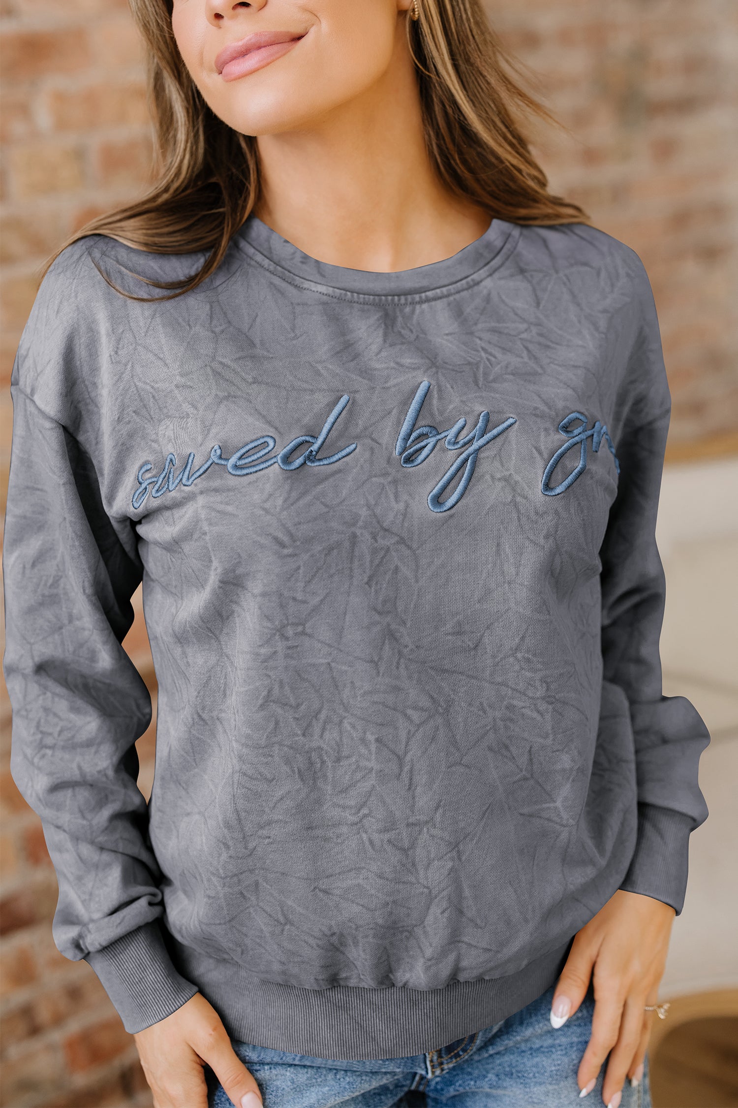 High-Rise Saved By Grace Letter Embroidery Mineral Wash Loose Sweatshirt-Tops/Sweatshirts & Hoodies-[Adult]-[Female]-2022 Online Blue Zone Planet
