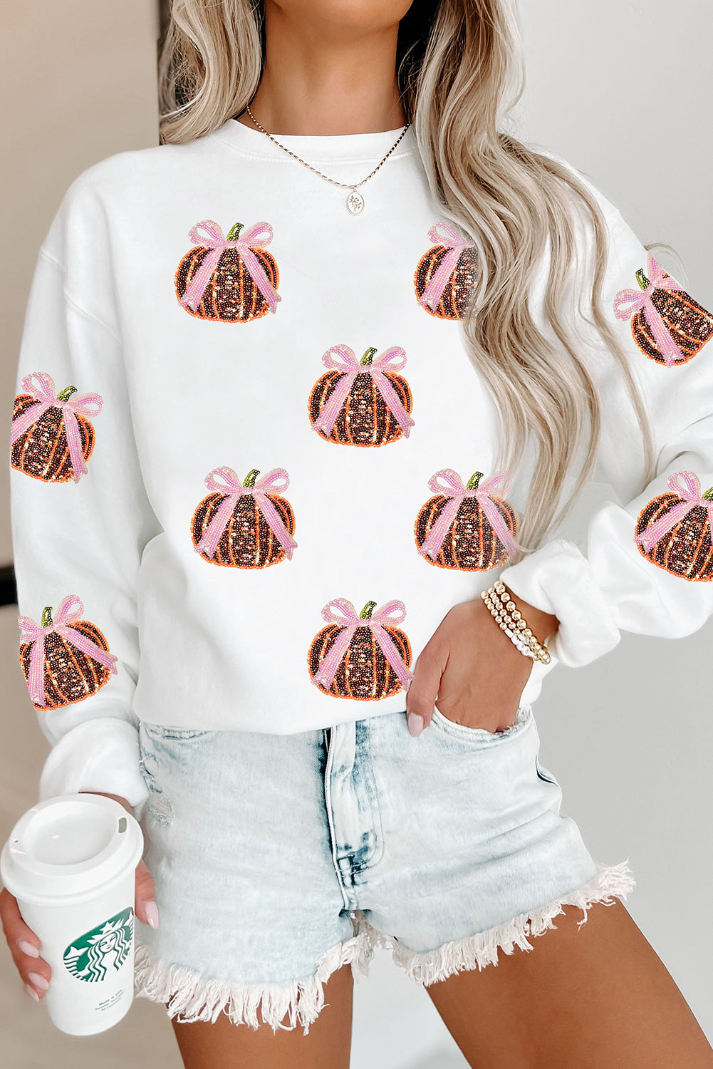 White Sequin Bow Pumpkin Patched Cotton Baggy Sweatshirt-Graphic/Graphic Sweatshirts-[Adult]-[Female]-White-S-2022 Online Blue Zone Planet