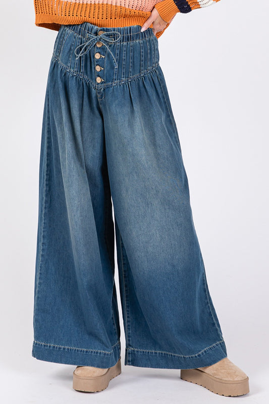 SAGE+FIG Smocked Waist Band Wide Leg Jeans-BOTTOMS SIZES SMALL MEDIUM LARGE-[Adult]-[Female]-Denim Blue-S-2022 Online Blue Zone Planet