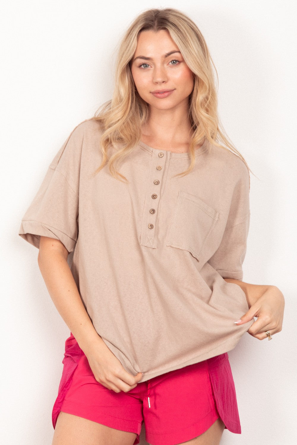 VERY J Twisted Sleeve Band Half Button Top-TOPS / DRESSES-[Adult]-[Female]-Taupe-S-2022 Online Blue Zone Planet