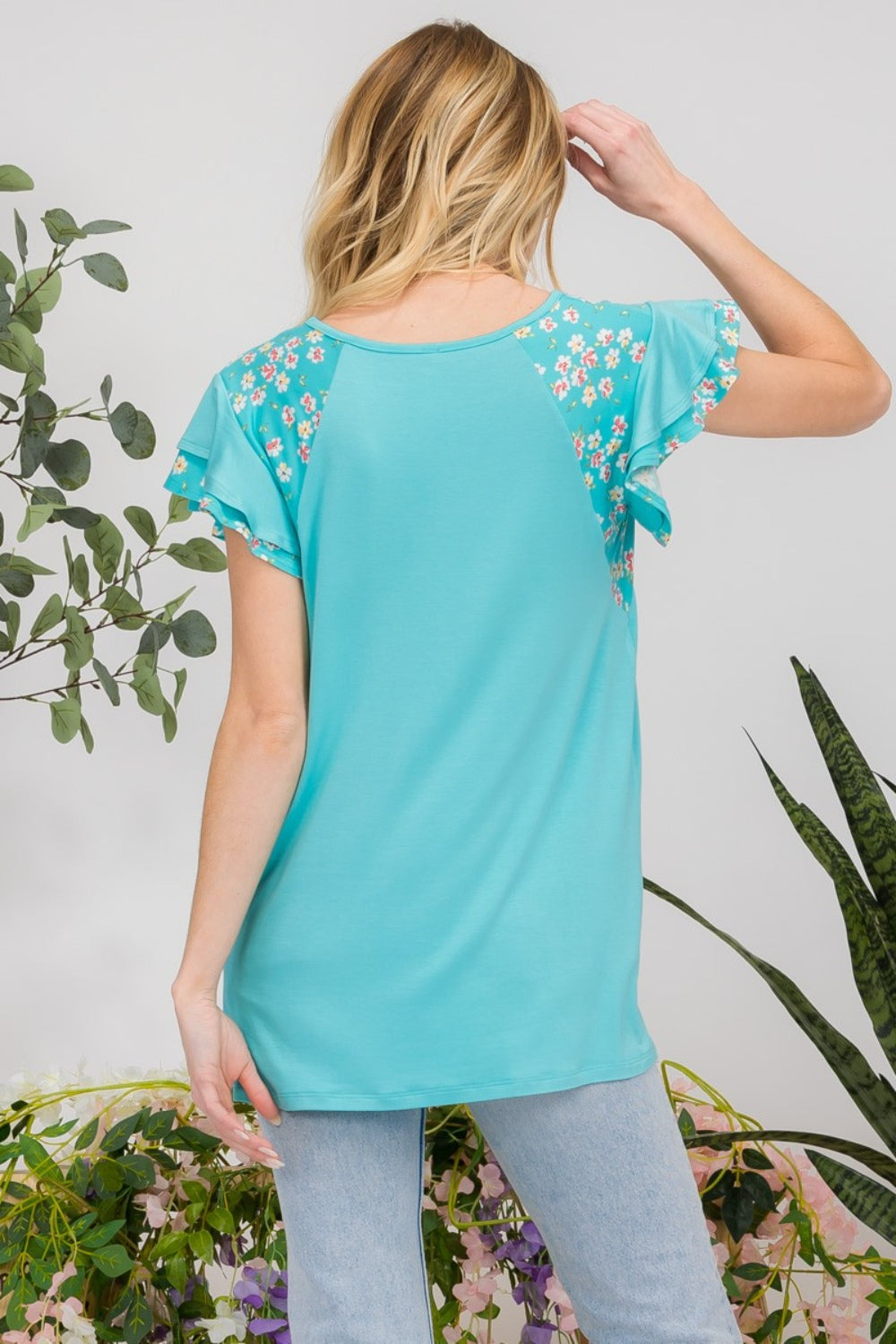 Celeste Full Size Floral Contrast Short Sleeve Top-TOPS / DRESSES-[Adult]-[Female]-2022 Online Blue Zone Planet