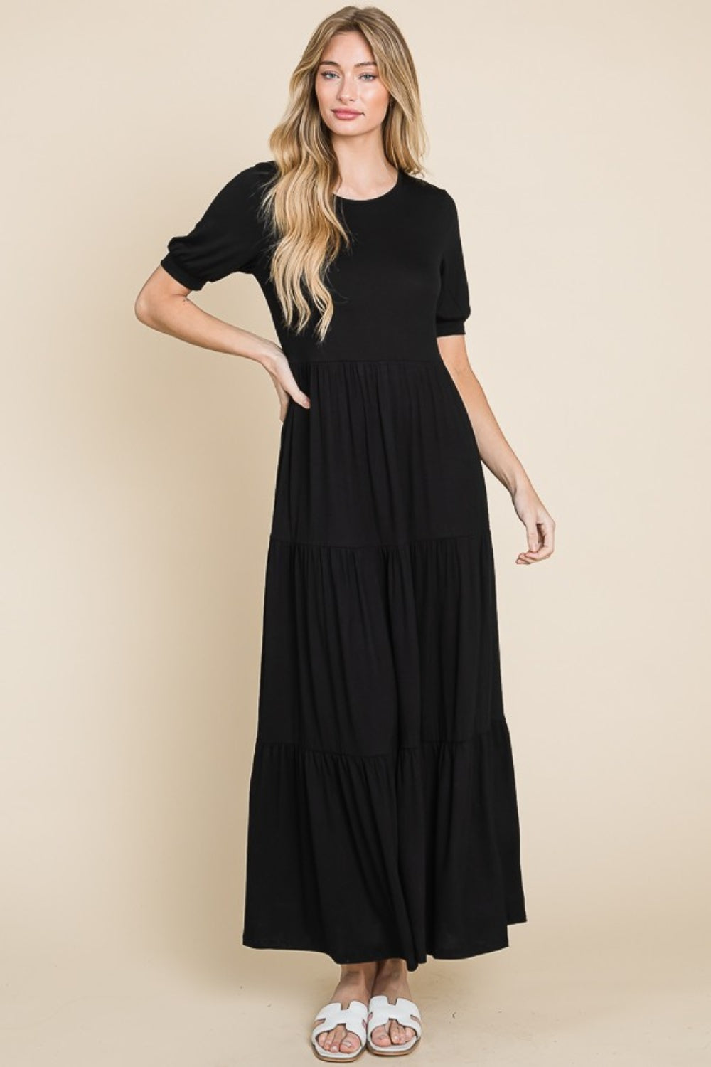 Blue Zone Planet | BOMBOM Short Sleeve Tiered Maxi Dress-TOPS / DRESSES-[Adult]-[Female]-Black-S-2022 Online Blue Zone Planet