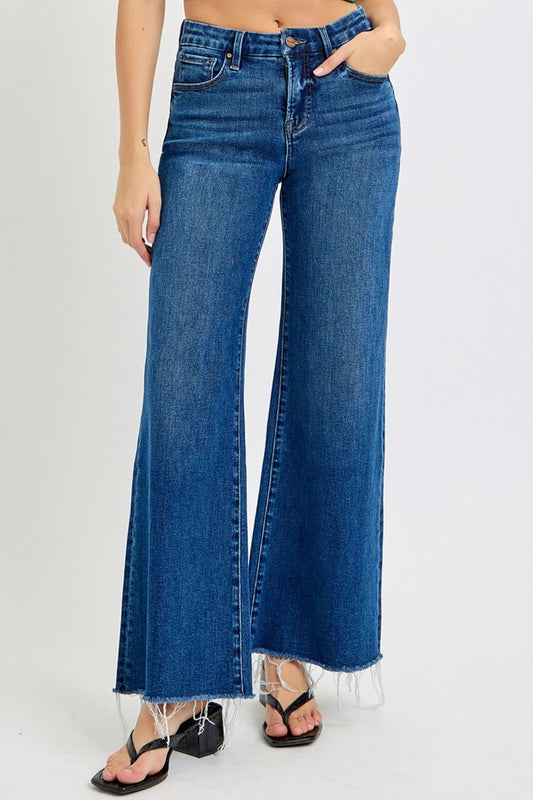 Blue Zone Planet | RISEN Tummy Control High Rise Wide Leg Jeans-BOTTOMS SIZES SMALL MEDIUM LARGE-[Adult]-[Female]-Dark-0(24)-2022 Online Blue Zone Planet