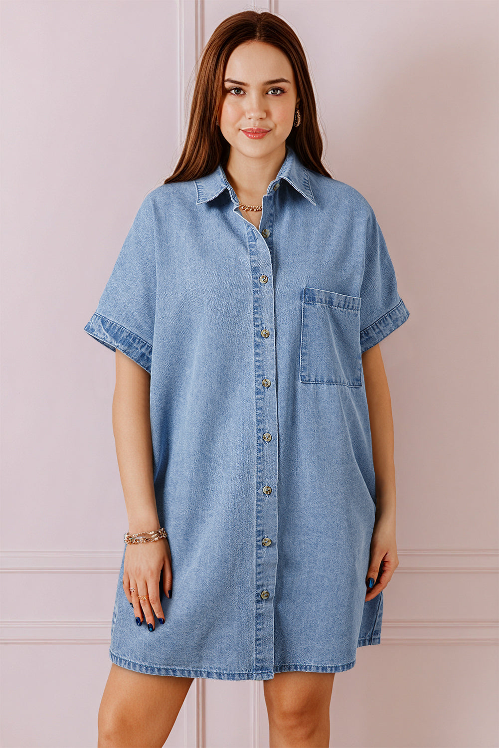 Dusk Blue Short Sleeve Pocketed Button up Denim Tunic Dress-Dresses/Mini Dresses-[Adult]-[Female]-2022 Online Blue Zone Planet
