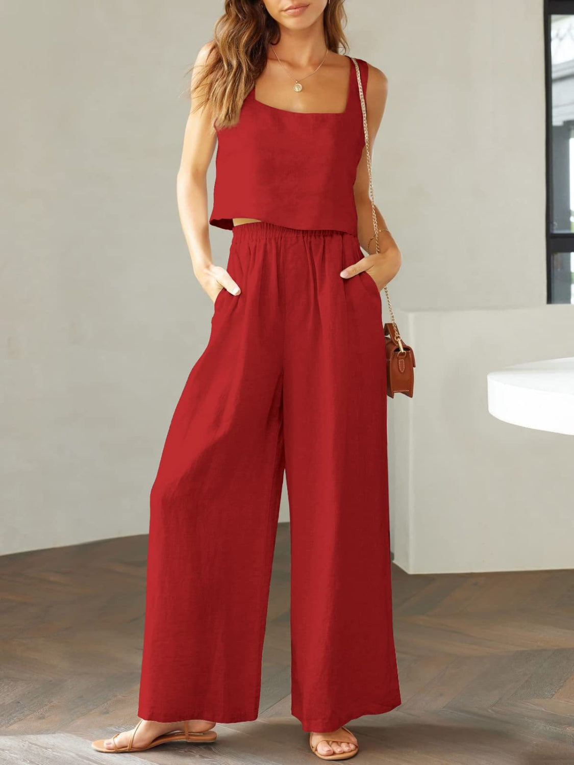 Square Neck Top and Wide Leg Pants Set-TOPS / DRESSES-[Adult]-[Female]-Deep Red-S-2022 Online Blue Zone Planet