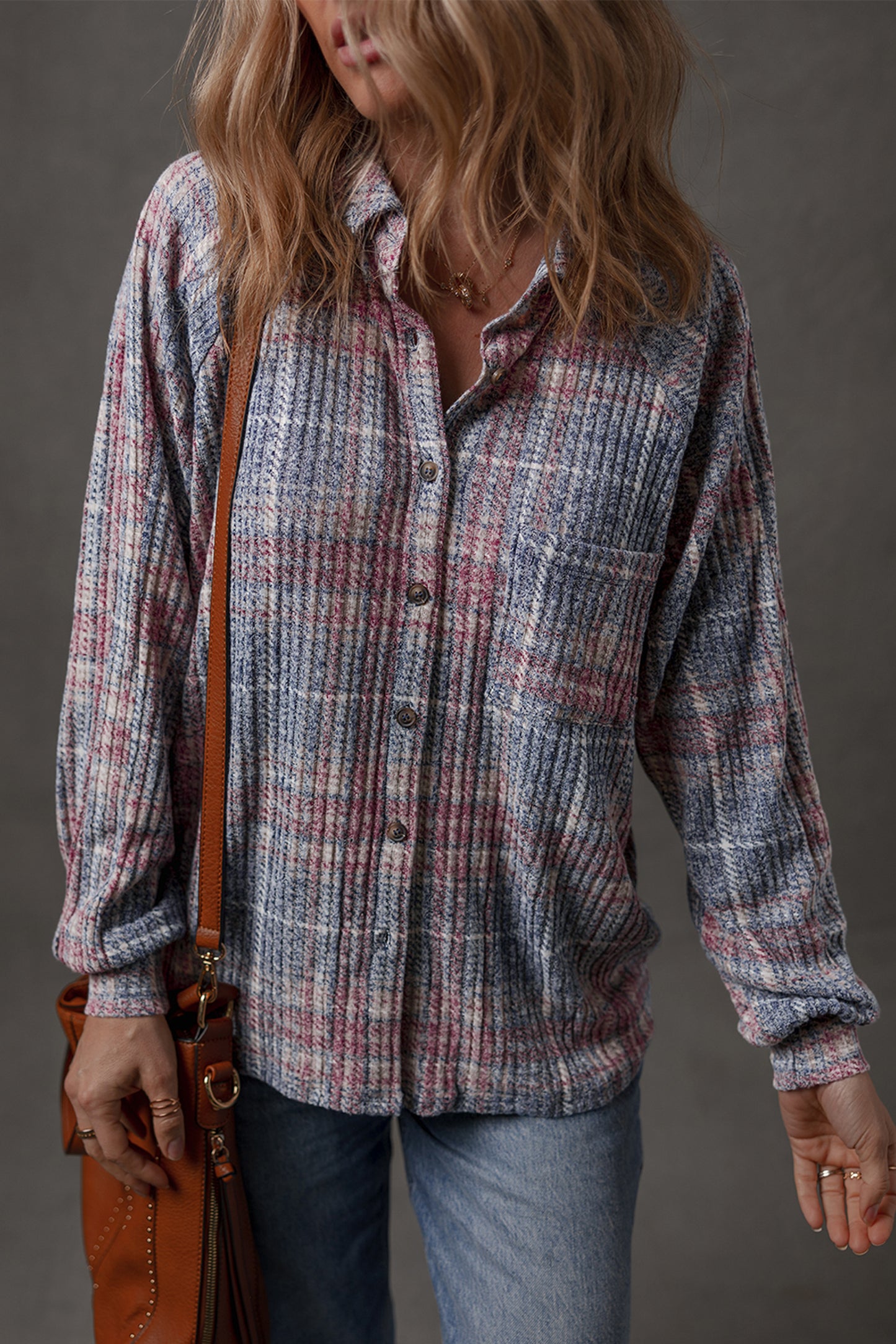 Multicolour Plaid Textured Chest Pocket Vintage Shirt-Tops/Blouses & Shirts-[Adult]-[Female]-2022 Online Blue Zone Planet