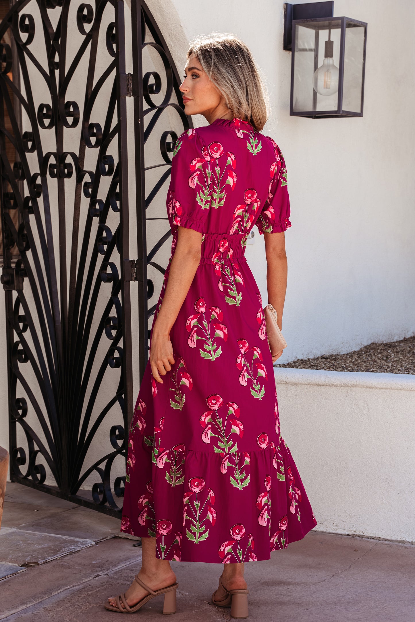 Red Floral Print Frilled V Neck Short Sleeve Ruffle Maxi Dress-TOPS / DRESSES-[Adult]-[Female]-2022 Online Blue Zone Planet