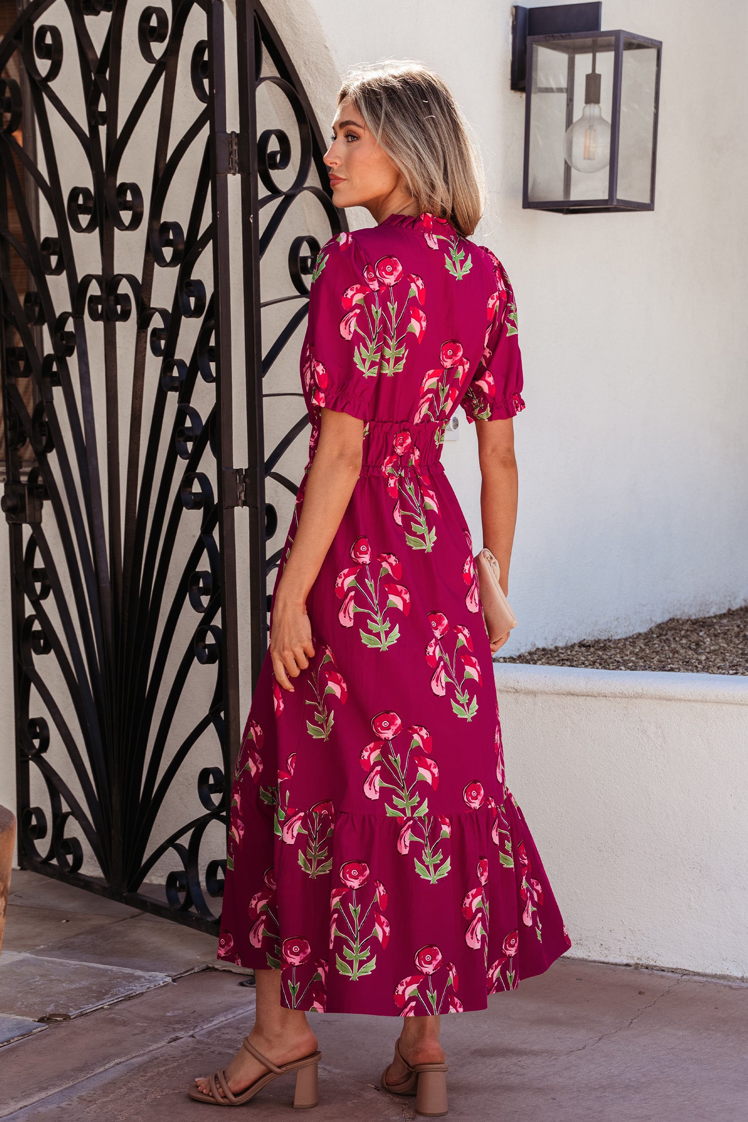 Red Floral Print Frilled V Neck Short Sleeve Ruffle Maxi Dress-TOPS / DRESSES-[Adult]-[Female]-2022 Online Blue Zone Planet