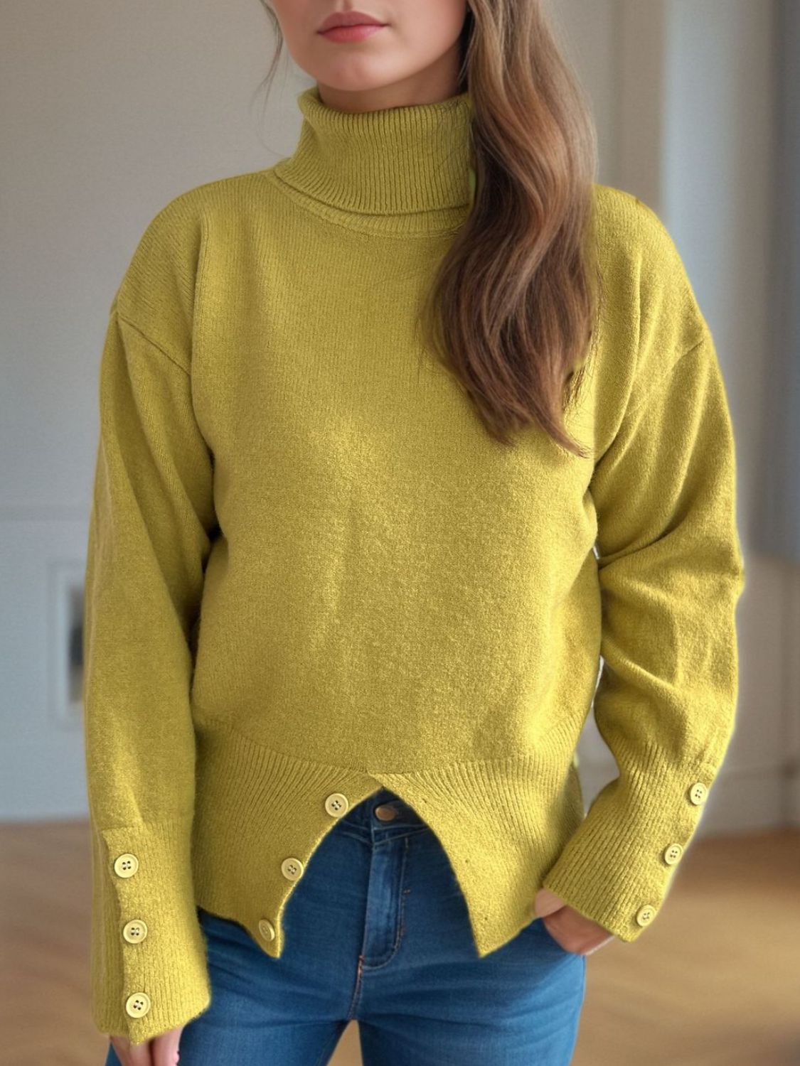 Blue Zone Planet | Front Slit Decorative Button Turtleneck Sweater-TOPS / DRESSES-[Adult]-[Female]-Chartreuse-One Size-2022 Online Blue Zone Planet