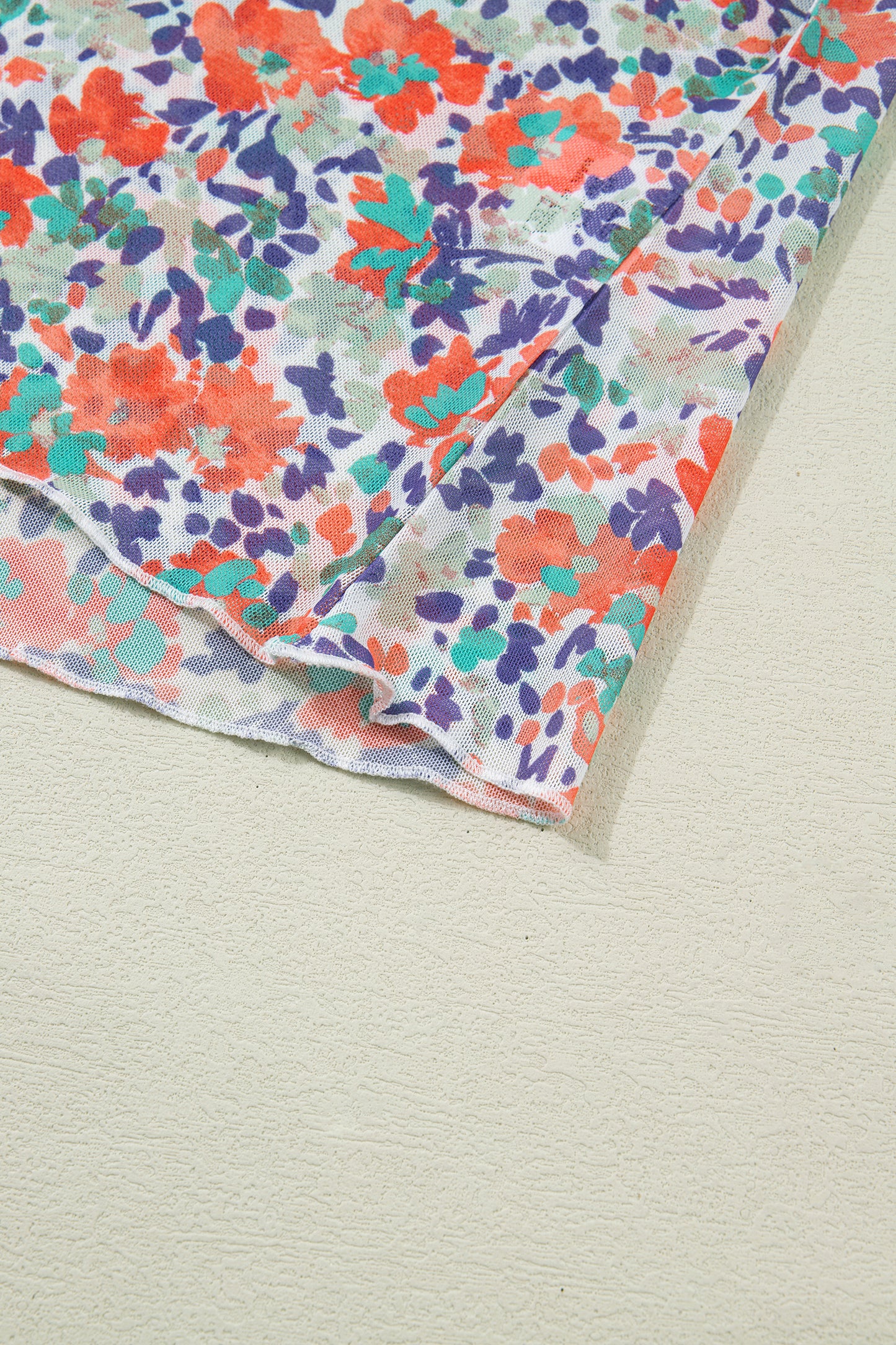 Blue Slim Fit Floral Mesh Long Sleeve Mock Neck Top