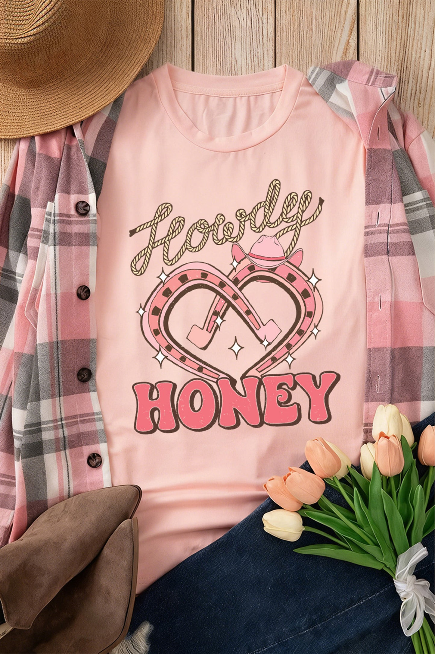 Pink Howdy Honey Horseshoe Heart Printed T Shirt-Graphic Tees-[Adult]-[Female]-2022 Online Blue Zone Planet