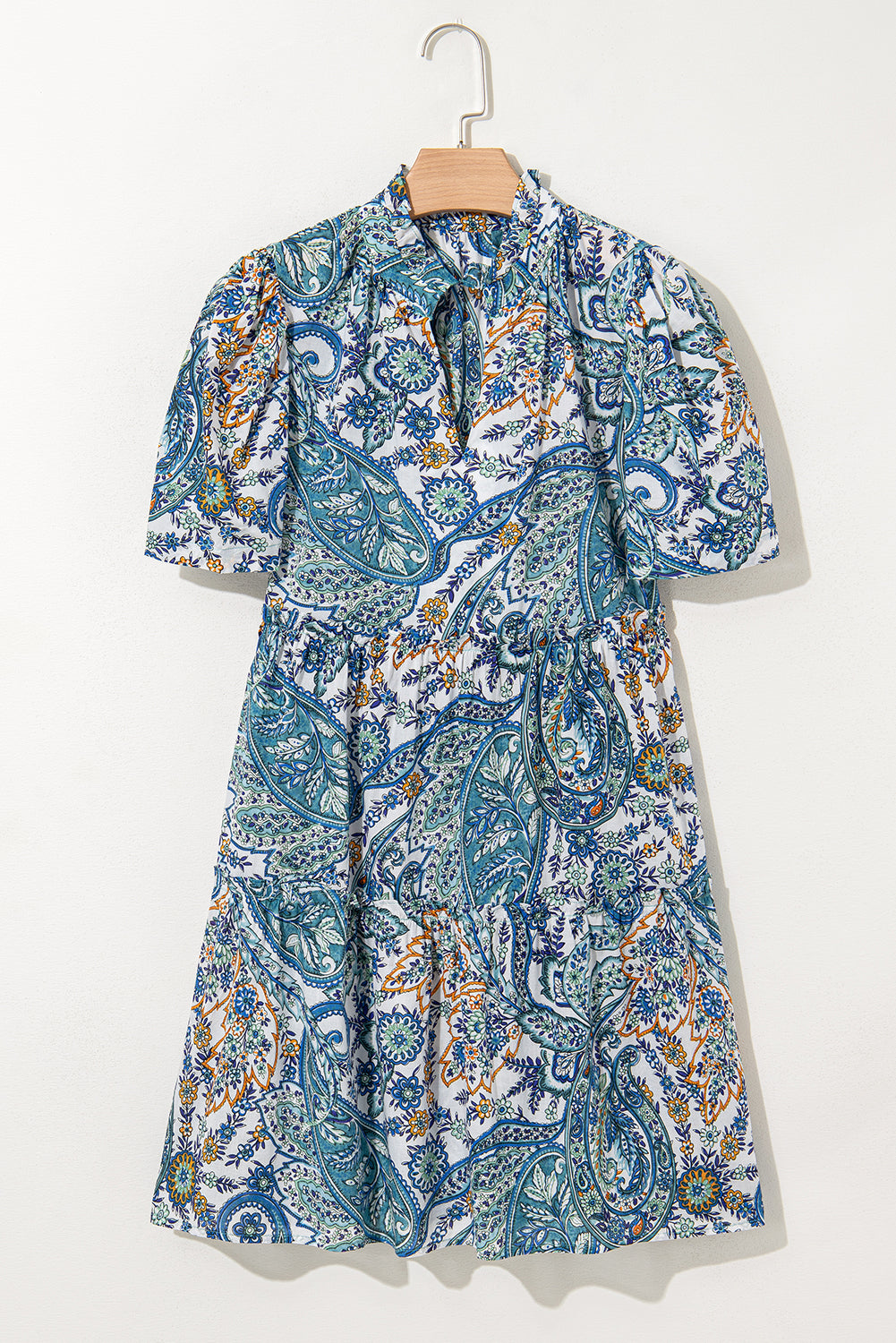 Blue Bohemian Paisley Floral V Neck Short Sleeve Mini Dress-TOPS / DRESSES-[Adult]-[Female]-2022 Online Blue Zone Planet