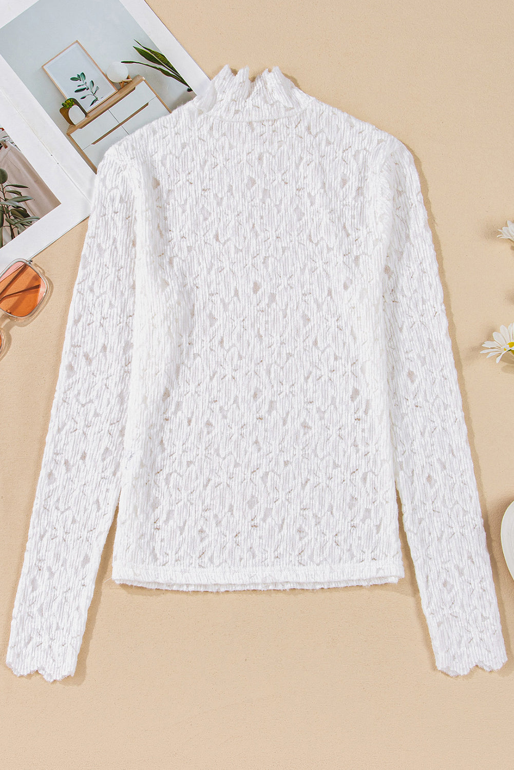 Blue Zone Planet | White Flower Lace See Through Mock Neck Long Sleeve Top-Tops/Long Sleeve Tops-[Adult]-[Female]-2022 Online Blue Zone Planet