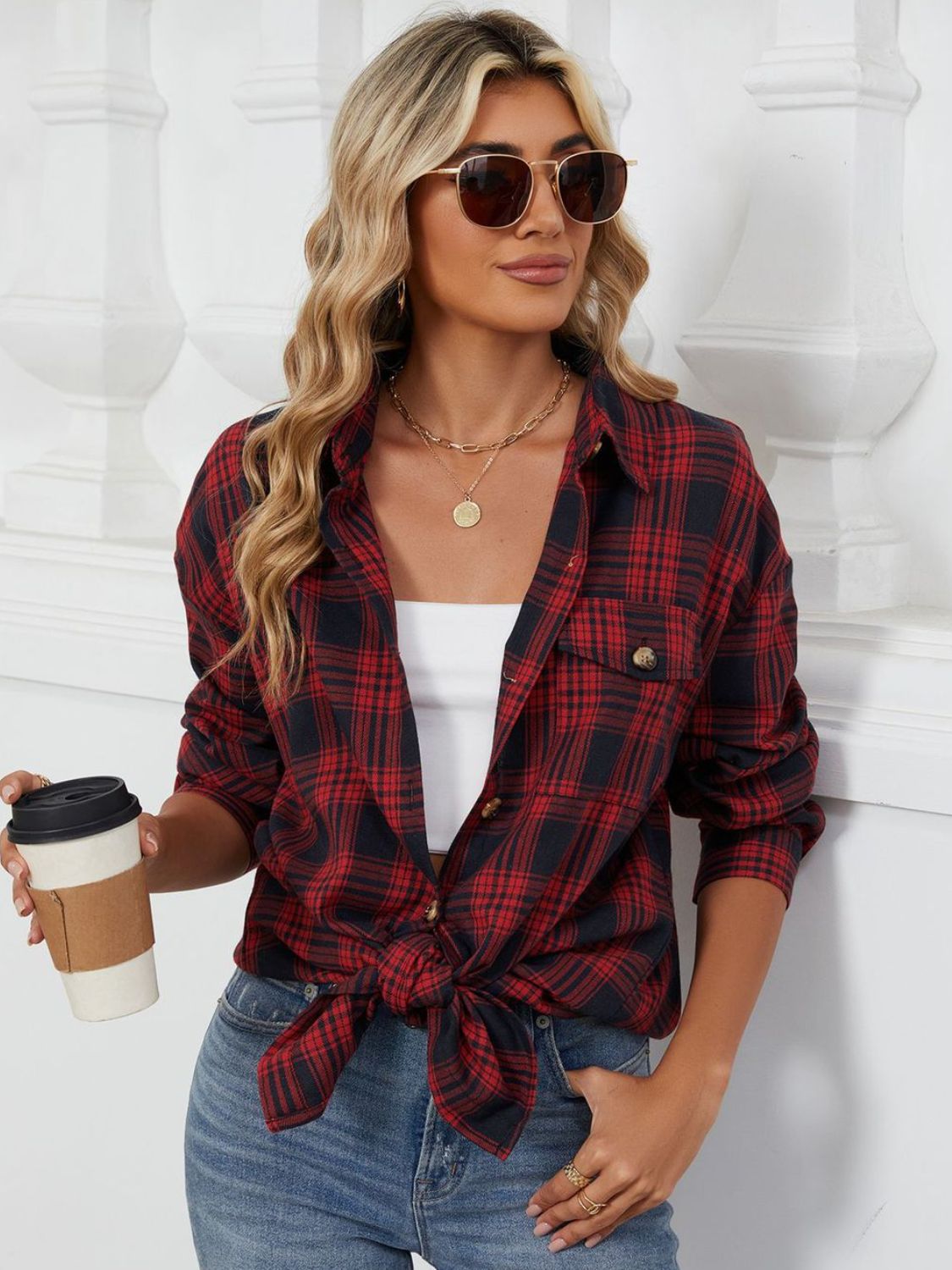 Plaid Collared Neck Long Sleeve Shirt-TOPS / DRESSES-[Adult]-[Female]-2022 Online Blue Zone Planet