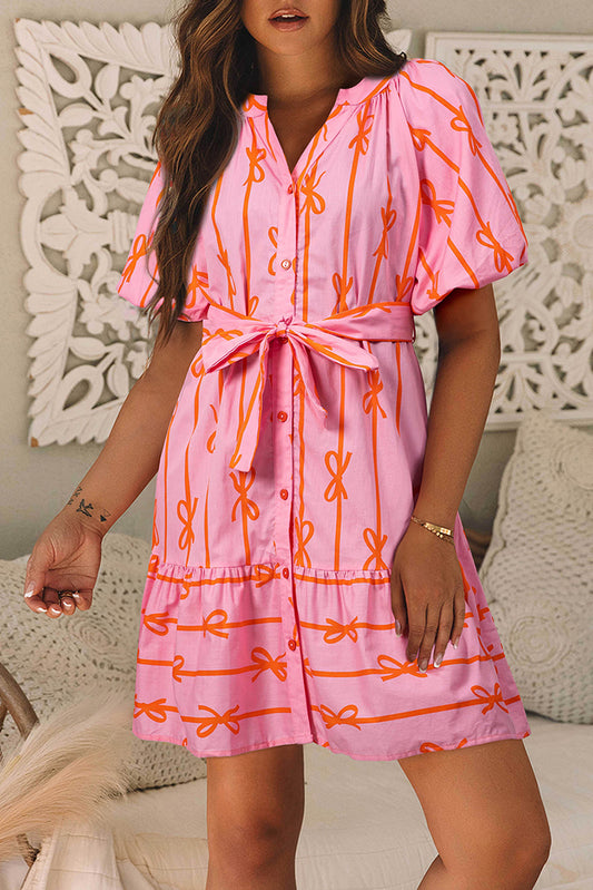 Pink Bowknot Striped Printed Bubble Sleeve Buttoned Belted Mini Dress-Dresses/Mini Dresses-[Adult]-[Female]-Pink-S-2022 Online Blue Zone Planet