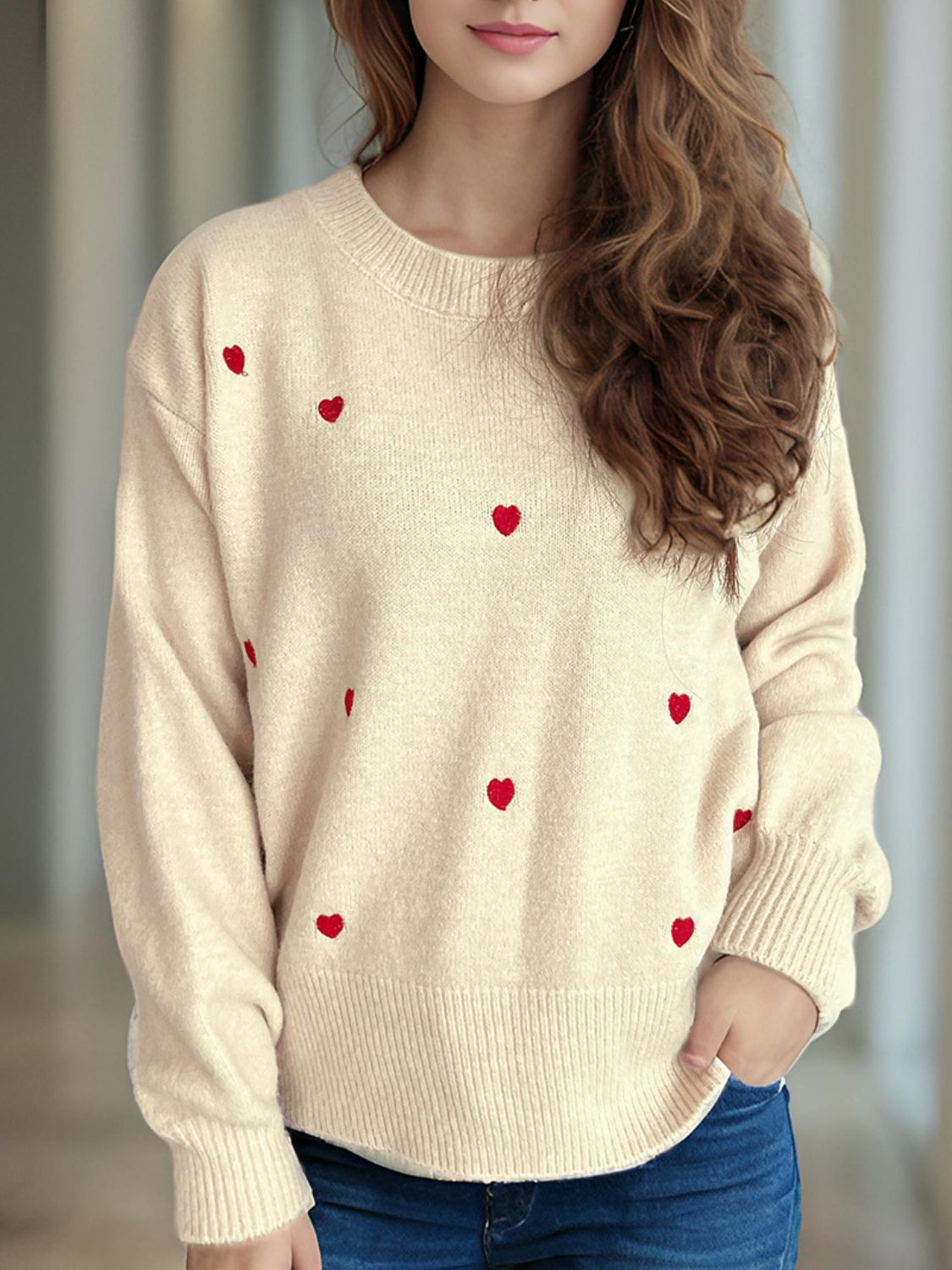 Heart Round Neck Long Sleeve Sweater-TOPS / DRESSES-[Adult]-[Female]-Tan-One Size-2022 Online Blue Zone Planet