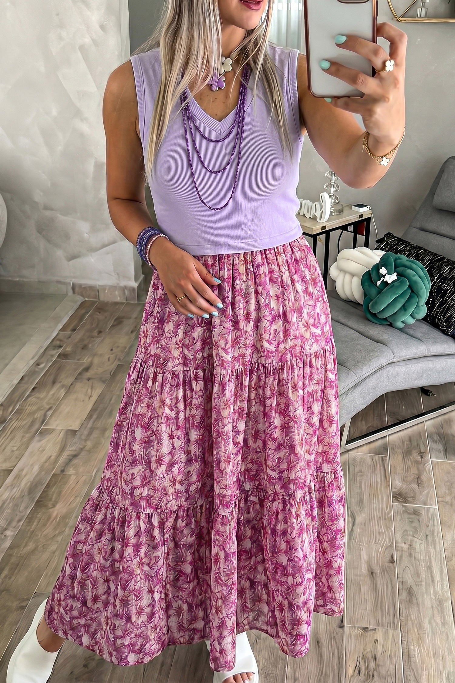 Purple Ribbed V Neck Tank Floral Contrast Patchwork Long Dress-TOPS / DRESSES-[Adult]-[Female]-Purple-S-2022 Online Blue Zone Planet