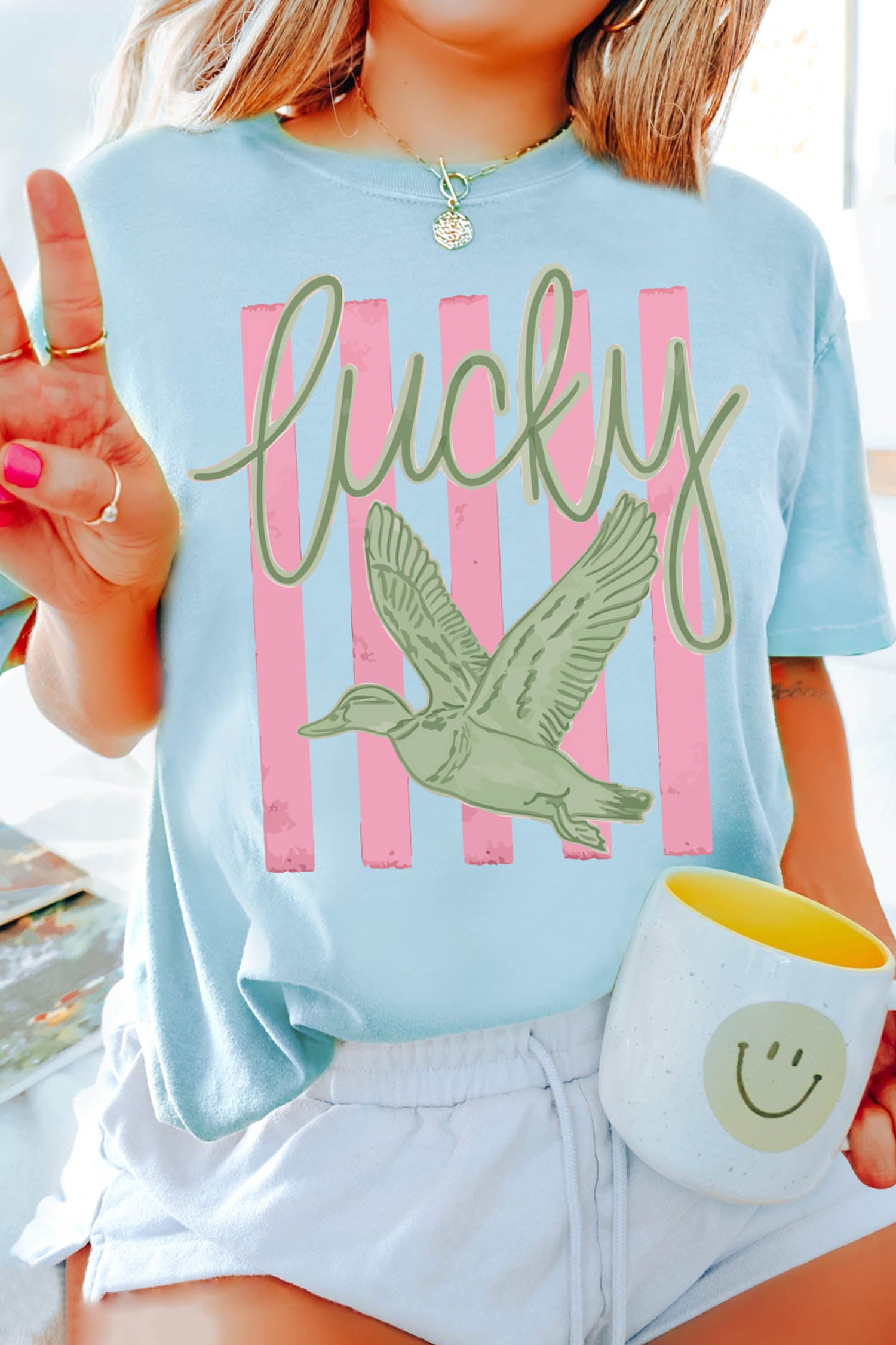 Light Blue Lucky Duck Print Casual Round Neck T Shirt-Graphic/Graphic Tees-[Adult]-[Female]-Light Blue-S-2022 Online Blue Zone Planet