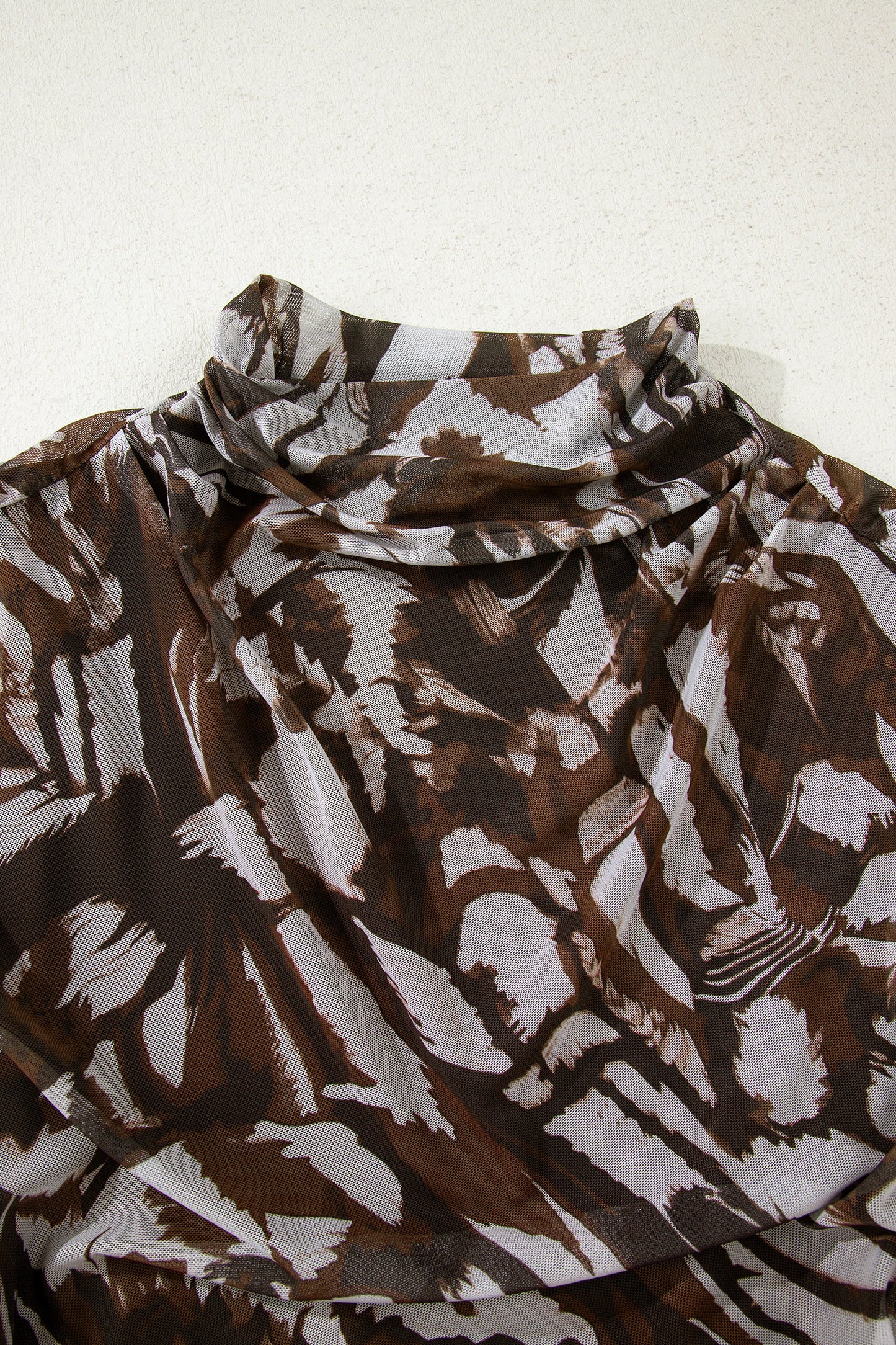 Brown Abstract Print Mesh Cowl Neck Cap Sleeve Ruched Midi Dress with Slit-TOPS / DRESSES-[Adult]-[Female]-2022 Online Blue Zone Planet