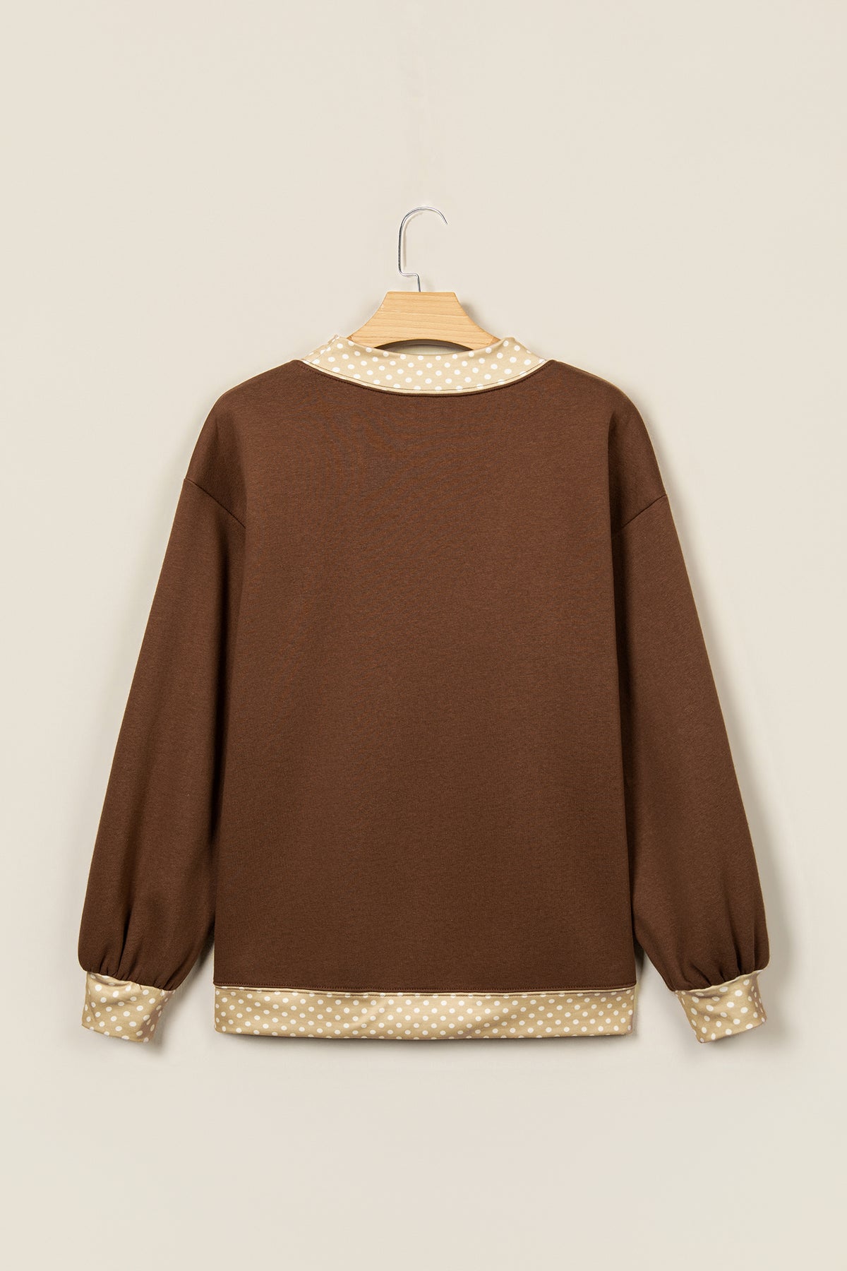 Coffee Polka Dot Trim High Neck BLESSED Letter Graphic Baggy Sweatshirt-Tops/Sweatshirts & Hoodies-[Adult]-[Female]-2022 Online Blue Zone Planet