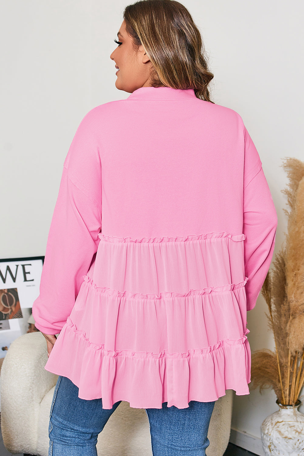 Pink Tiered Ruffle Ribbed Crew Neck Pullover Plus Size Top-Plus Size/Plus Size Tops/Plus Size Blouses & Shirts-[Adult]-[Female]-2022 Online Blue Zone Planet