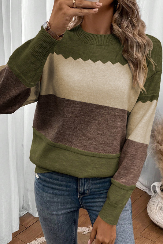 Brown Colorblock Crew Neck Drop Shoulder Sweater-TOPS / DRESSES-[Adult]-[Female]-Brown-S-2022 Online Blue Zone Planet