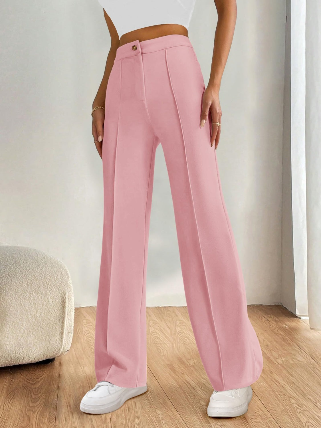 High Waist Wide Leg Pants-BOTTOMS SIZES SMALL MEDIUM LARGE-[Adult]-[Female]-Blush Pink-S-2022 Online Blue Zone Planet