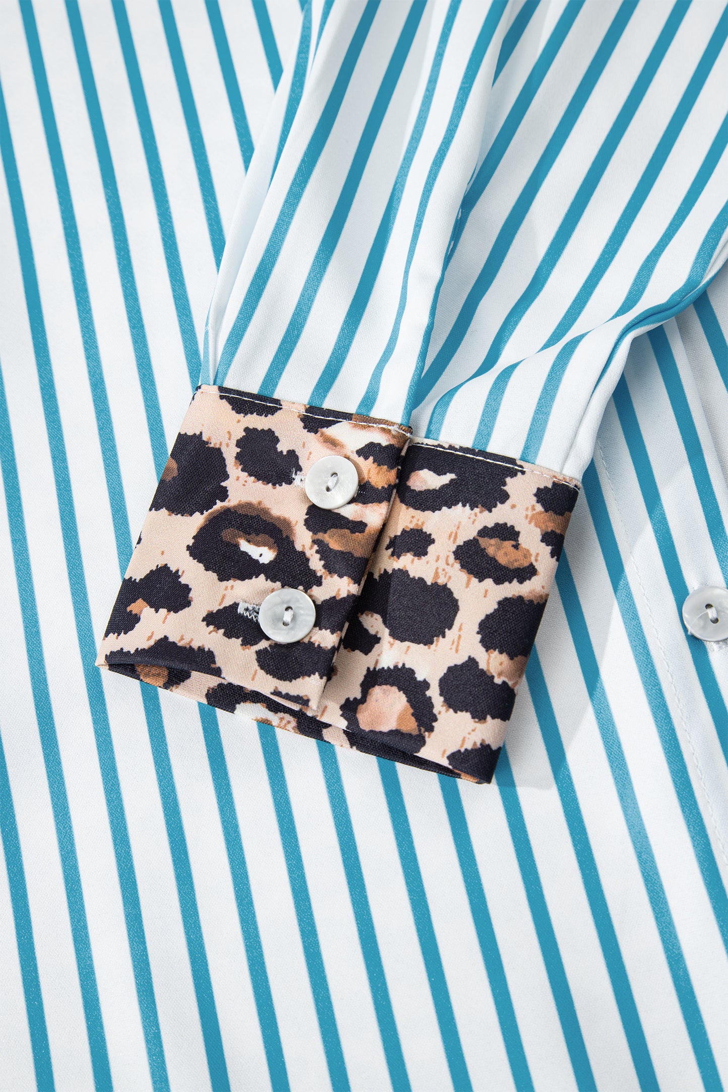 Sky Blue Stripe Contrast Leopard Patchwork Long Shirt Dress with Slits-TOPS / DRESSES-[Adult]-[Female]-2022 Online Blue Zone Planet