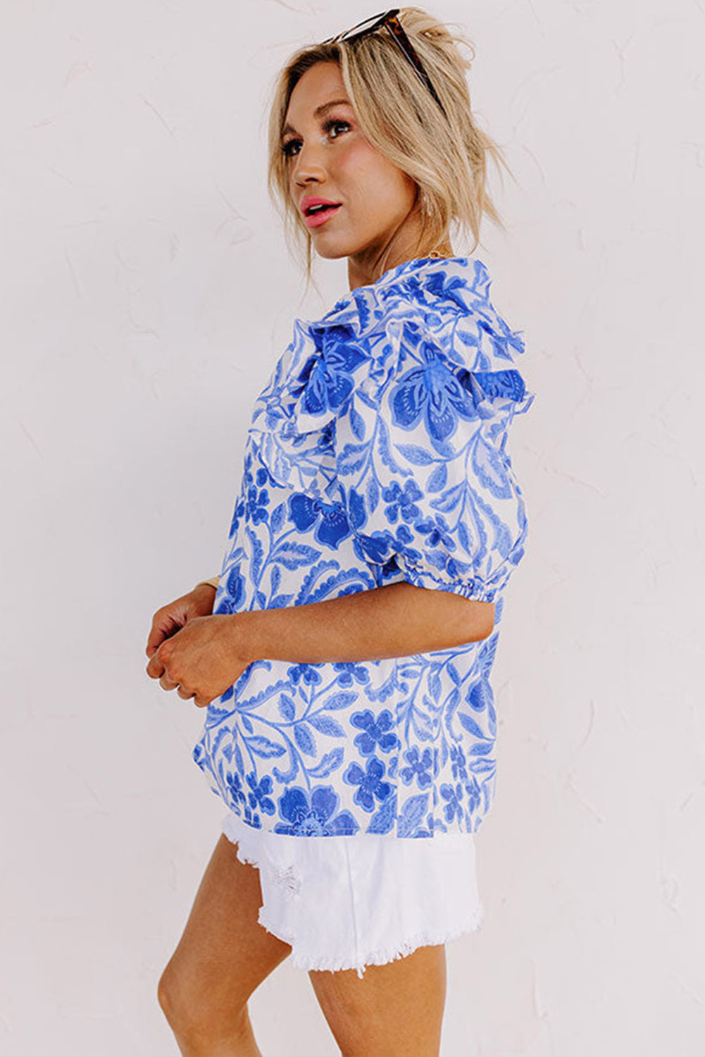 Dark Blue Floral Print Ruffled Bubble Sleeve Blouse-Tops/Blouses & Shirts-[Adult]-[Female]-2022 Online Blue Zone Planet