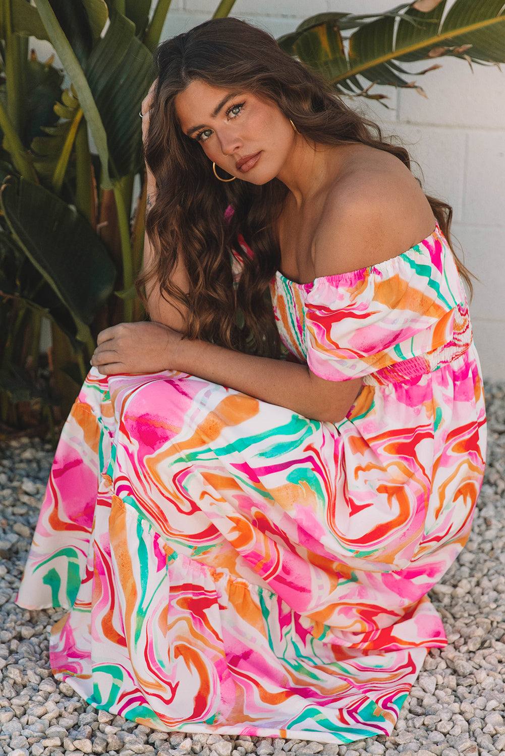 Pink Abstract Print Ruffled Sleeve Smocked Bust Maxi Dress-TOPS / DRESSES-[Adult]-[Female]-2022 Online Blue Zone Planet